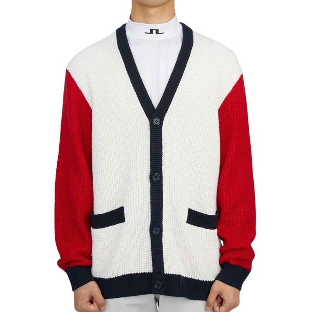 J. Lindeberg Blocked Knit Cardigan in the colorway Cherry.